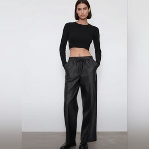 Zara Black High Waist Wide Leg Trousers With Polyurethane Coating Draw String XS